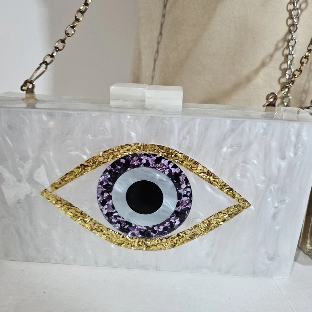 Lot 2 White Acrylic Purse Blue Evil Eye & Glitter Bomb Chain Shoulderbag Clutch